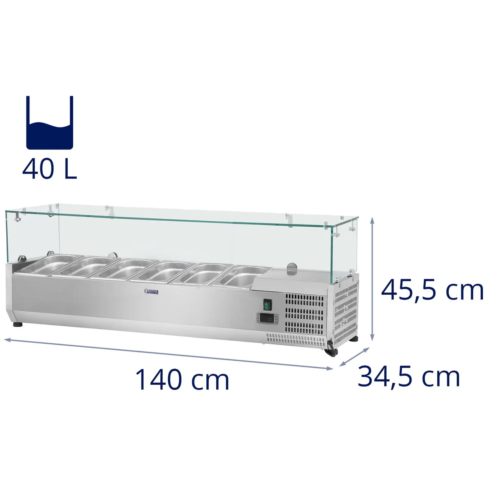 Vitrină frigorifică de tejghea - 140 x 33 cm - 6 containere GN 1/4 - Capac de sticlă