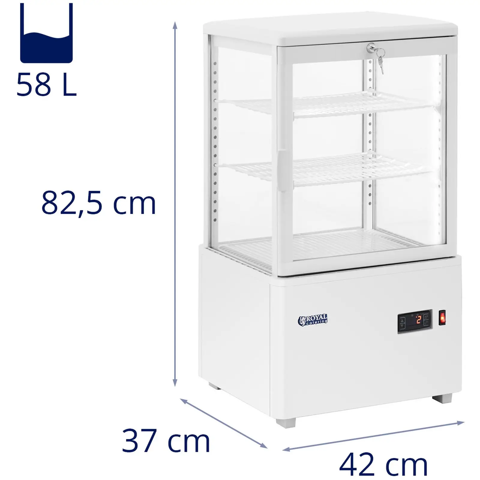 Vitrină frigorifică - 58 L - Royal Catering - 3 niveluri - White - cu încuietoare