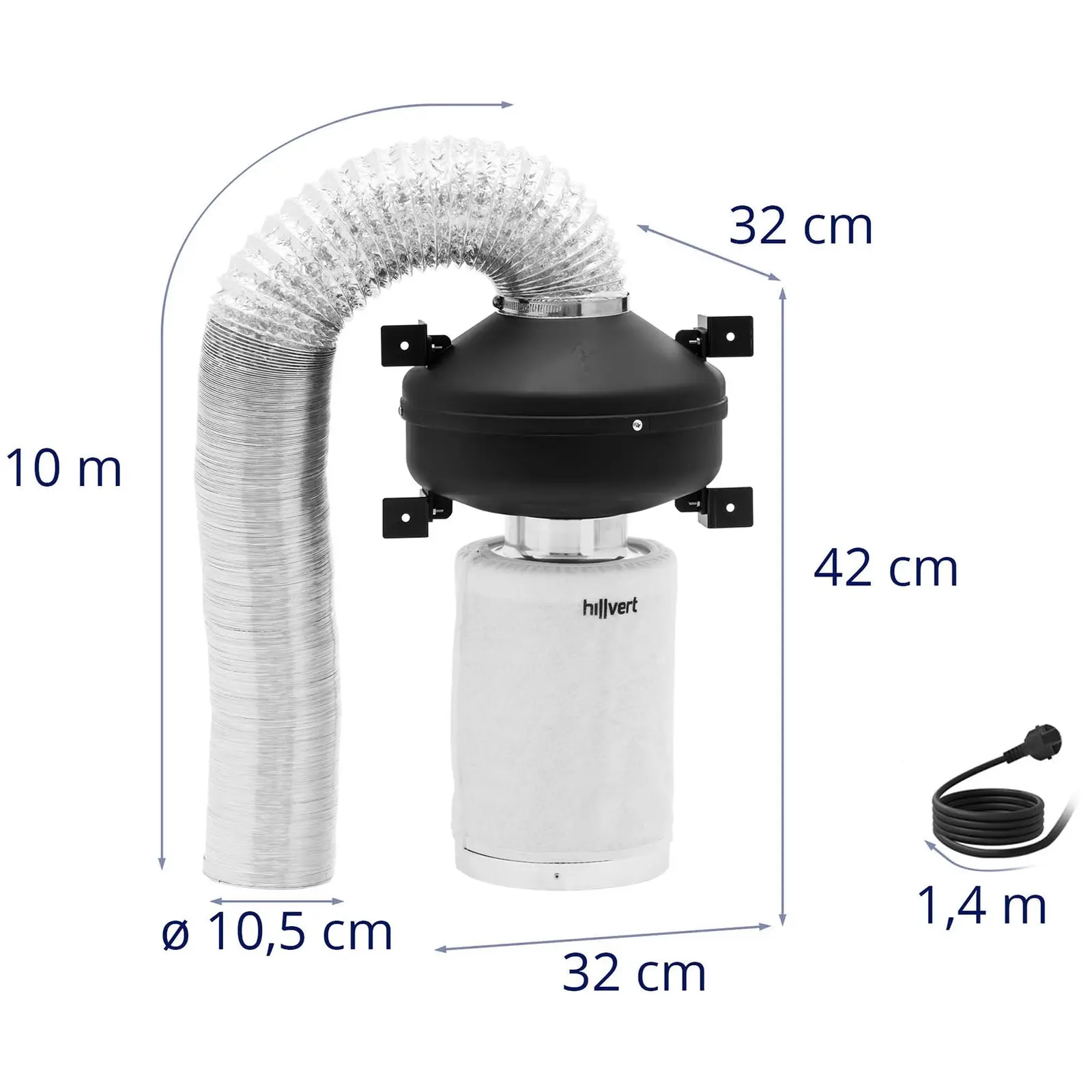 Set filtru de aer - filtru cu carbon activ de 30 cm / ventilator de extracție / furtun de evacuare a aerului - {{flux de aer}} m³/h - Ø {{diametru_găuri}} mm ieșire